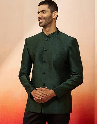 Men bottle green silk jodhpuri - premium jacquard floral wedding party wear 5
