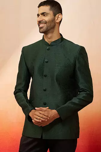 Men bottle green silk jodhpuri - premium jacquard floral wedding party wear