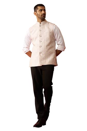 Men Cream silk nehru jacket - premium jacquard ethnic party festive wear