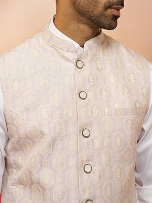 Men Cream silk nehru jacket - premium jacquard ethnic party festive wear 2