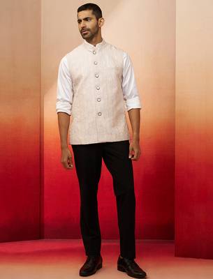 Men Cream silk nehru jacket - premium jacquard ethnic party festive wear 3