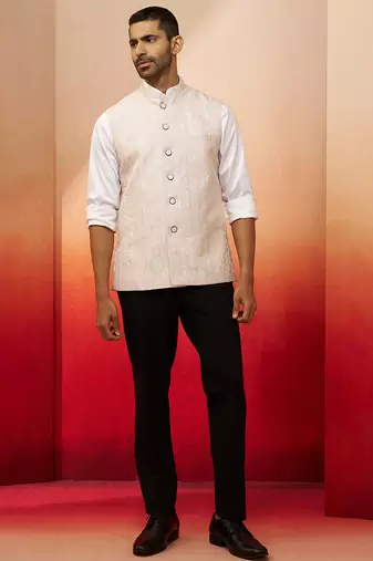Men Cream silk nehru jacket - premium jacquard ethnic party festive wear