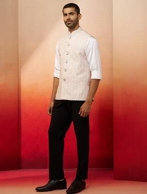 Men Cream silk nehru jacket - premium jacquard ethnic party festive wear 4