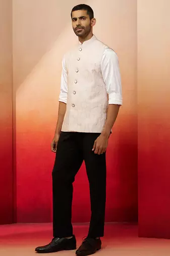 Men Cream silk nehru jacket - premium jacquard ethnic party festive wear