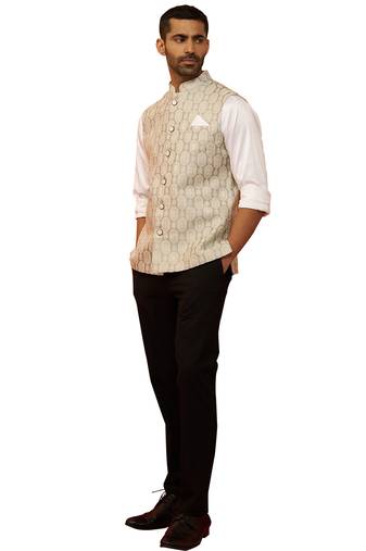 Men Cream silk nehru jacket - premium jacquard ethnic contemporary festive wear