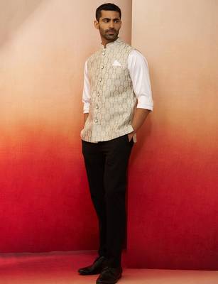 Men Cream silk nehru jacket - premium jacquard ethnic contemporary festive wear 2