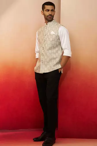 Men Cream silk nehru jacket - premium jacquard ethnic contemporary festive wear