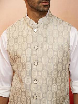 Men Cream silk nehru jacket - premium jacquard ethnic contemporary festive wear 3