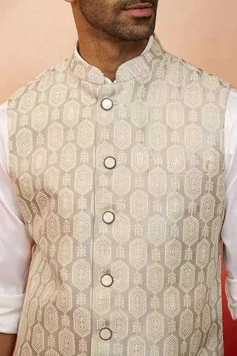 Men Cream silk nehru jacket - premium jacquard ethnic contemporary festive wear