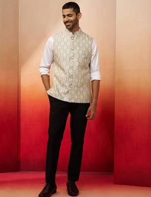 Men Cream silk nehru jacket - premium jacquard ethnic contemporary festive wear 4