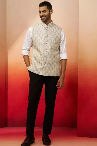 Men Cream silk nehru jacket - premium jacquard ethnic contemporary festive wear
