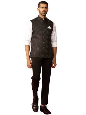 Men black silk nehru jacket - premium jacquard ethnic festive party wear 1