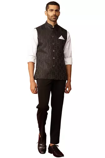 Men black silk nehru jacket - premium jacquard ethnic festive party wear