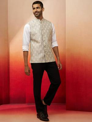 Men Cream silk nehru jacket - premium jacquard ethnic contemporary festive wear 5