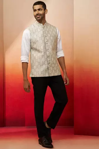 Men Cream silk nehru jacket - premium jacquard ethnic contemporary festive wear