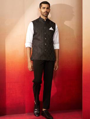 Men black silk nehru jacket - premium jacquard ethnic festive party wear 2