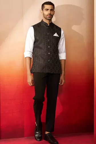 Men black silk nehru jacket - premium jacquard ethnic festive party wear