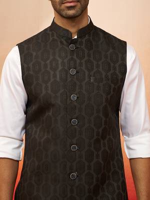 Men black silk nehru jacket - premium jacquard ethnic festive party wear 3