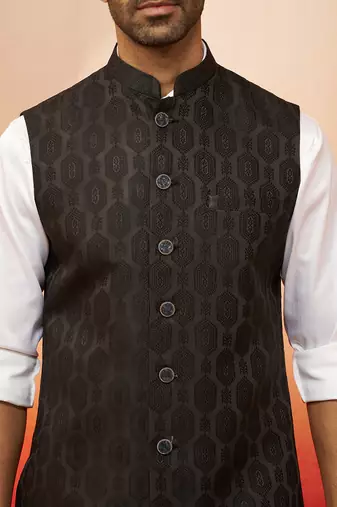Men black silk nehru jacket - premium jacquard ethnic festive party wear