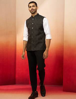 Men black silk nehru jacket - premium jacquard ethnic festive party wear 4