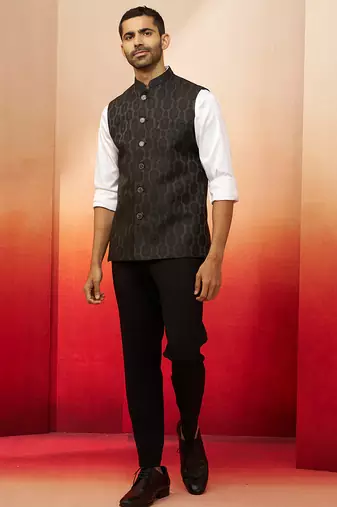 Men black silk nehru jacket - premium jacquard ethnic festive party wear