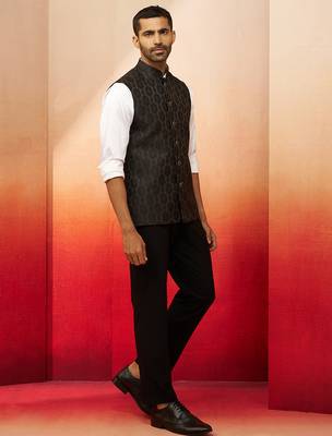 Men black silk nehru jacket - premium jacquard ethnic festive party wear 5