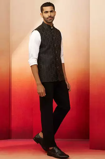 Men black silk nehru jacket - premium jacquard ethnic festive party wear