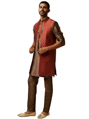 Men bronze maroon silk 3-piece jacquard set - premium ethnic motif royal ensemble 1