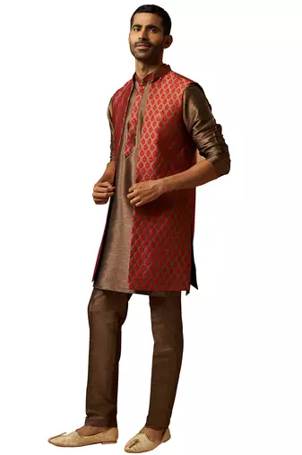 Men bronze maroon silk 3-piece jacquard set - premium ethnic motif royal ensemble