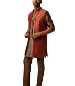 Men bronze maroon silk 3-piece jacquard set - premium ethnic motif royal ensemble
