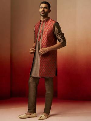 Men bronze maroon silk 3-piece jacquard set - premium ethnic motif royal ensemble 2