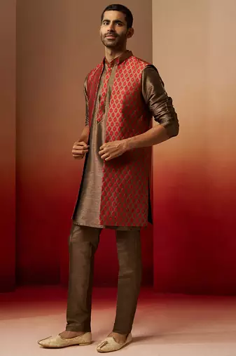 Men bronze maroon silk 3-piece jacquard set - premium ethnic motif royal ensemble
