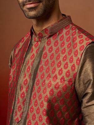 Men bronze maroon silk 3-piece jacquard set - premium ethnic motif royal ensemble 3