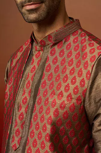 Men bronze maroon silk 3-piece jacquard set - premium ethnic motif royal ensemble