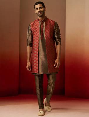 Men bronze maroon silk 3-piece jacquard set - premium ethnic motif royal ensemble 4