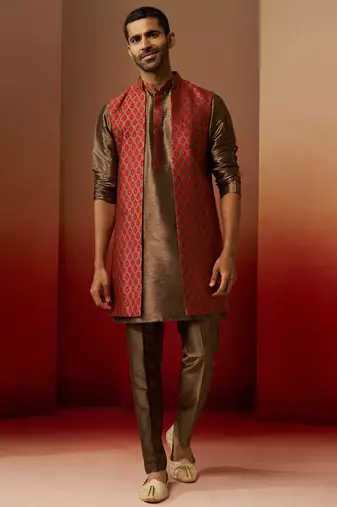 Men bronze maroon silk 3-piece jacquard set - premium ethnic motif royal ensemble