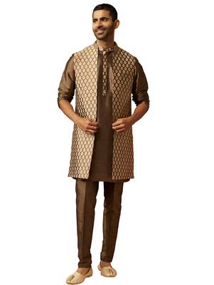 Men bronze gold silk 3-piece jacquard set - premium ethnic motif wedding ensemble 1