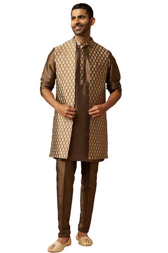 Men bronze gold silk 3-piece jacquard set - premium ethnic motif wedding ensemble