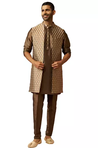 Men bronze gold silk 3-piece jacquard set - premium ethnic motif wedding ensemble