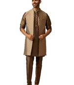 Men bronze gold silk 3-piece jacquard set - premium ethnic motif wedding ensemble