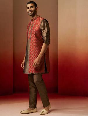 Men bronze maroon silk 3-piece jacquard set - premium ethnic motif royal ensemble 5