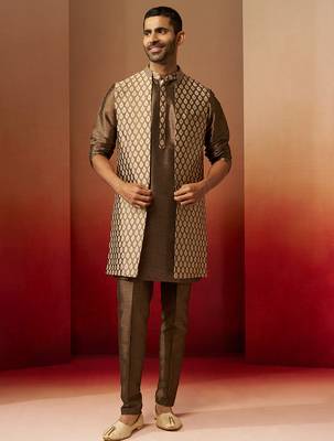 Men bronze gold silk 3-piece jacquard set - premium ethnic motif wedding ensemble 2