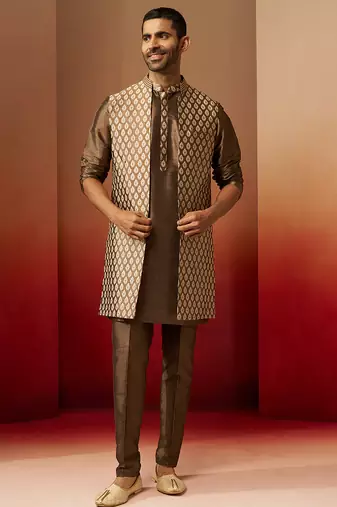 Men bronze gold silk 3-piece jacquard set - premium ethnic motif wedding ensemble