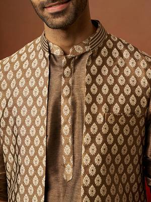 Men bronze gold silk 3-piece jacquard set - premium ethnic motif wedding ensemble 3