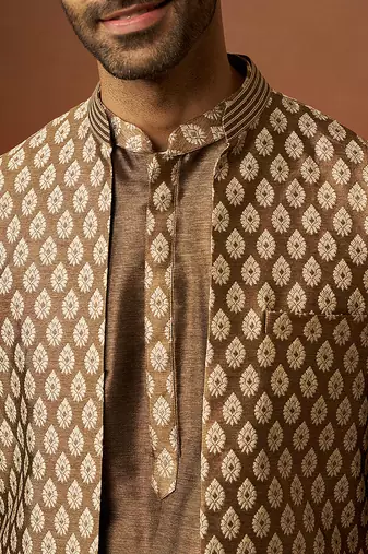 Men bronze gold silk 3-piece jacquard set - premium ethnic motif wedding ensemble