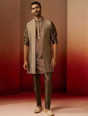Men bronze gold silk 3-piece jacquard set - premium ethnic motif wedding ensemble 4