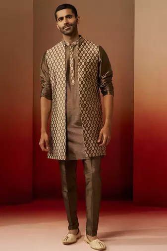 Men bronze gold silk 3-piece jacquard set - premium ethnic motif wedding ensemble