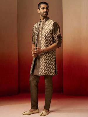 Men bronze gold silk 3-piece jacquard set - premium ethnic motif wedding ensemble 5