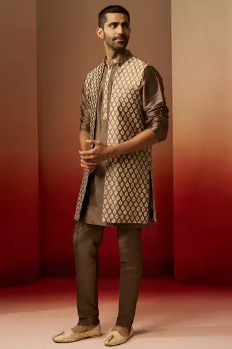 Men bronze gold silk 3-piece jacquard set - premium ethnic motif wedding ensemble