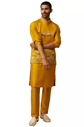 Men mustard silk 3-piece nehru jacket set - premium thread embroidered complete ensemble